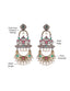A dual-tone chandbali earrings with silver detailing, gold motifs, green and red stones, and pearl drop hangings