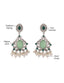 Oxidized silver drop earrings featuring green oval stones, intricate detailing, and pearl drops