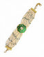 A gold-toned multi-strand pearl bracelet featuring a green enamel circular motif with kundan accents and faceted green beads